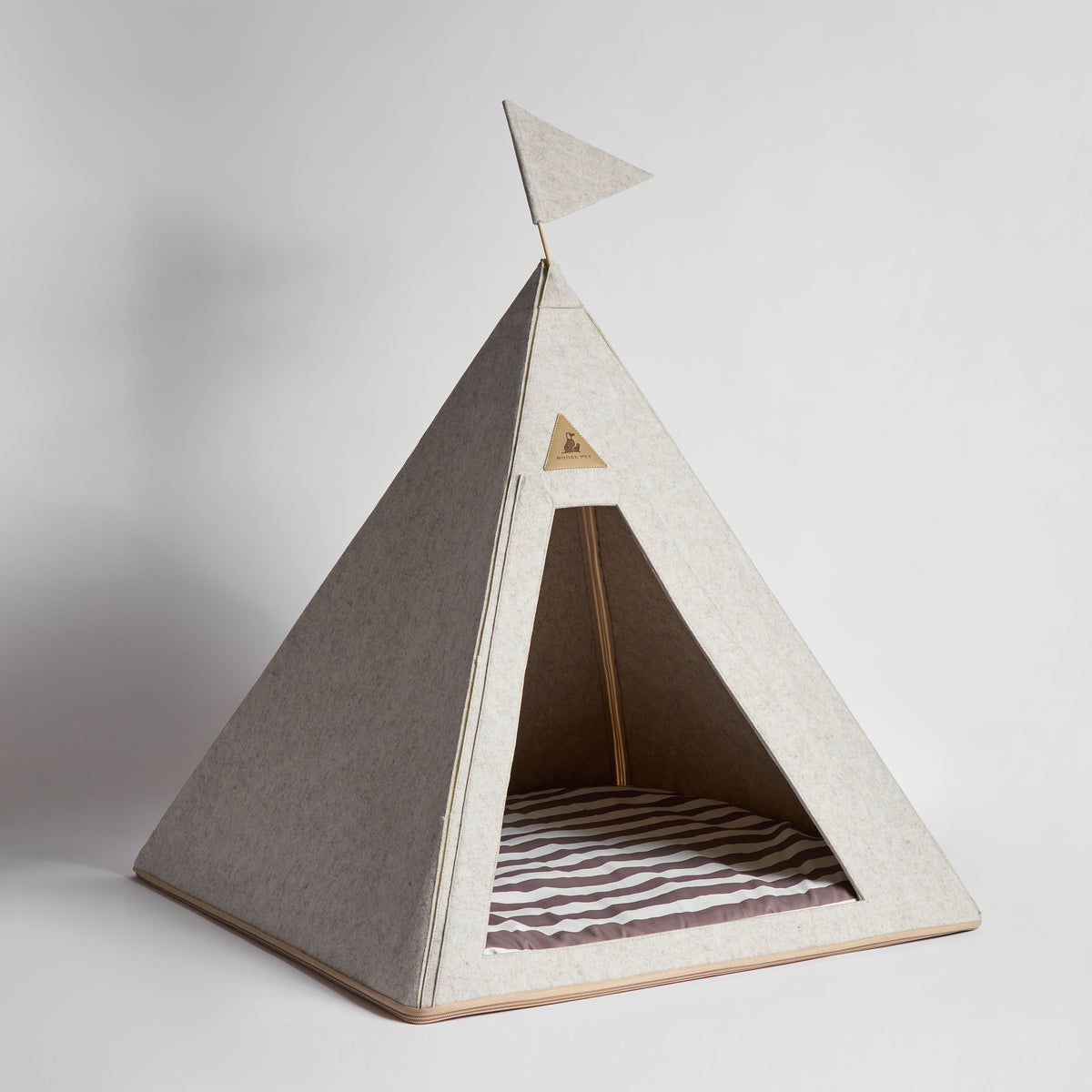 Nooee Pet Teepee Tucker front view showing striped cushion inside