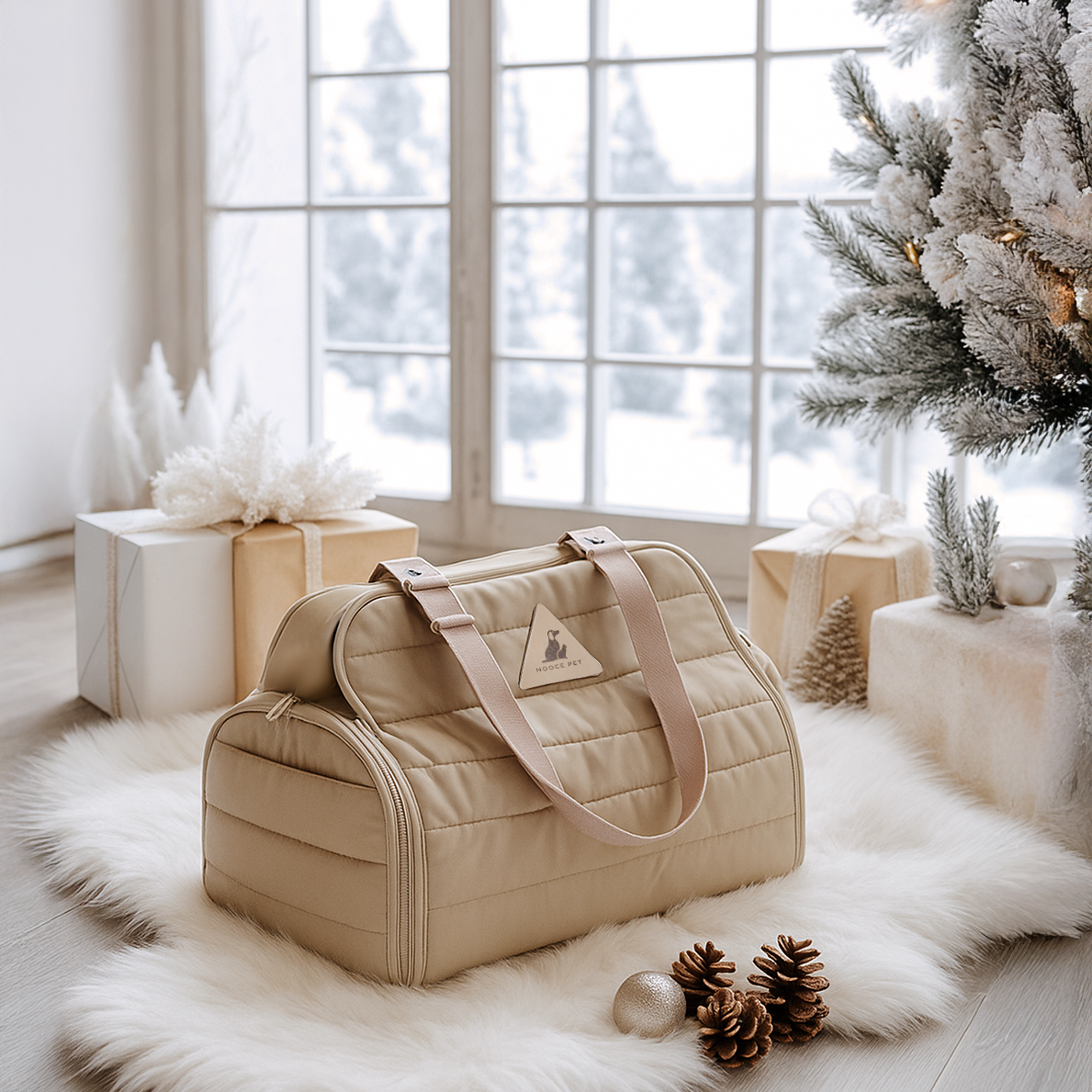 The Nooee Pet Olive Carrier displayed in a cozy winter holiday setting with wrapped gifts and a snowy window backdrop, alongside a close-up detail of the carrier’s cream nylon texture and soft pink handles. Text overlay reads “Meet Olive Carrier – Travel-ready & Perfect Holiday Gifting.”