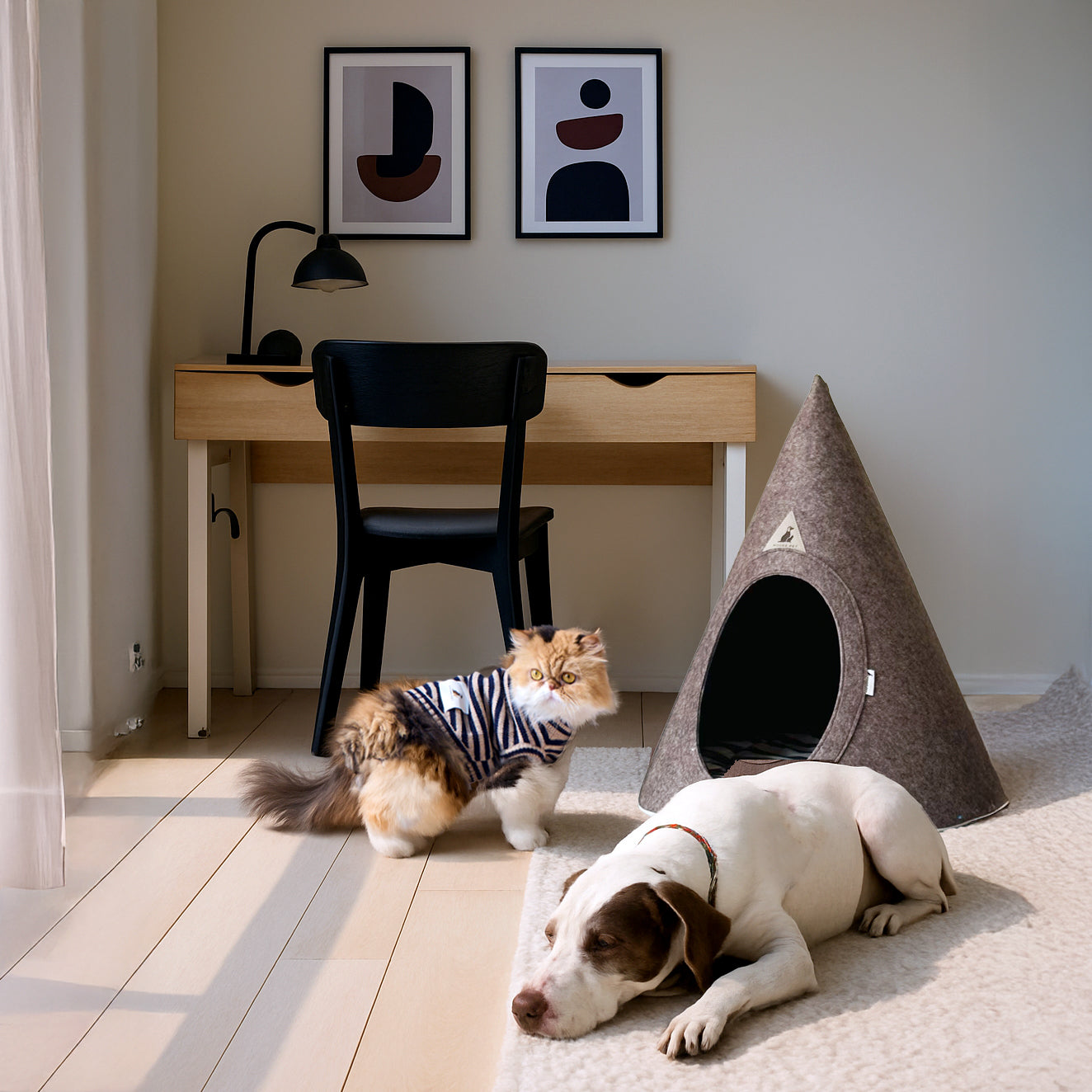 Cat in striped sweater and dog resting beside the brown Nooee Pet cave in a cozy fall setting with soft morning light