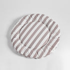 Flat-lay of Nooee Pet Replacement Cushion in beige and white stripes, showcasing its round shape and plush design against a clean white background.