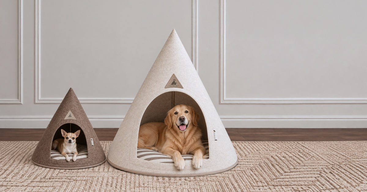 Cream Cooper 3XL Pet Cave with a Golden Retriever beside a smaller brown Pet Cave with a Chihuahua in a neutral living room.