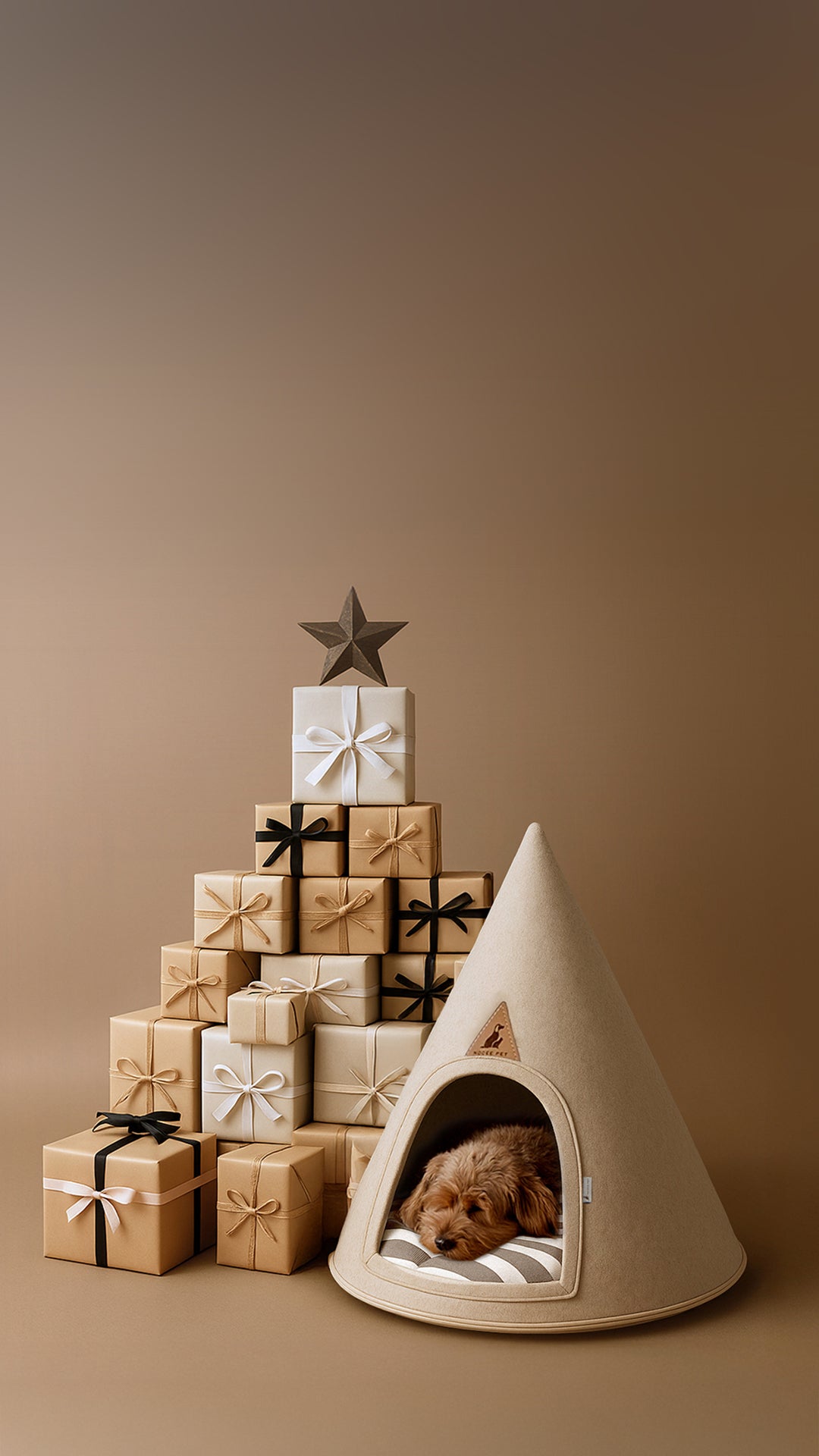 Nooee Pet cream felt pet cave beside a tower of gift boxes on a warm beige background, promoting a Black Friday 30% off everything sale with code BF30.
