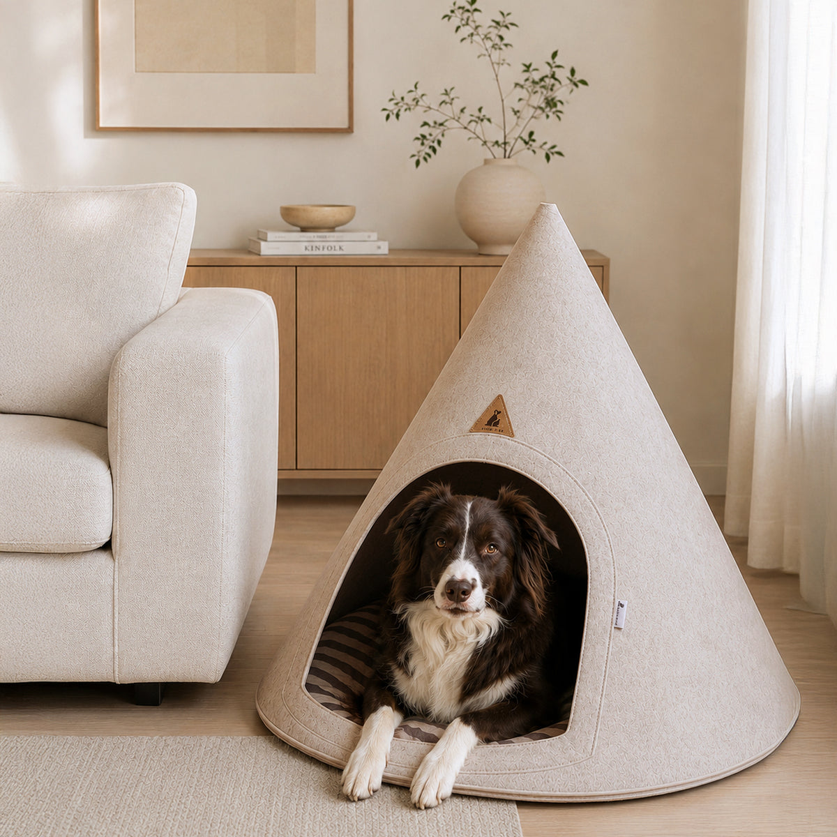 A dog sits inside a Nooee Pet dog cae made of light beige felt, placed in a bright, modern living room next to a cream sofa.