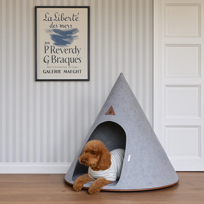 Brown dog wearing a striped shirt resting inside a gray Nooee Pet Cave in a room with striped wallpaper and framed artwork.