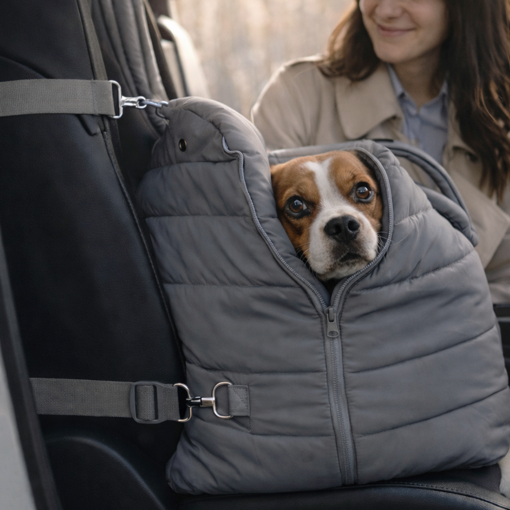 Dog sitting in a gray quilted car seat secured inside a vehicle.