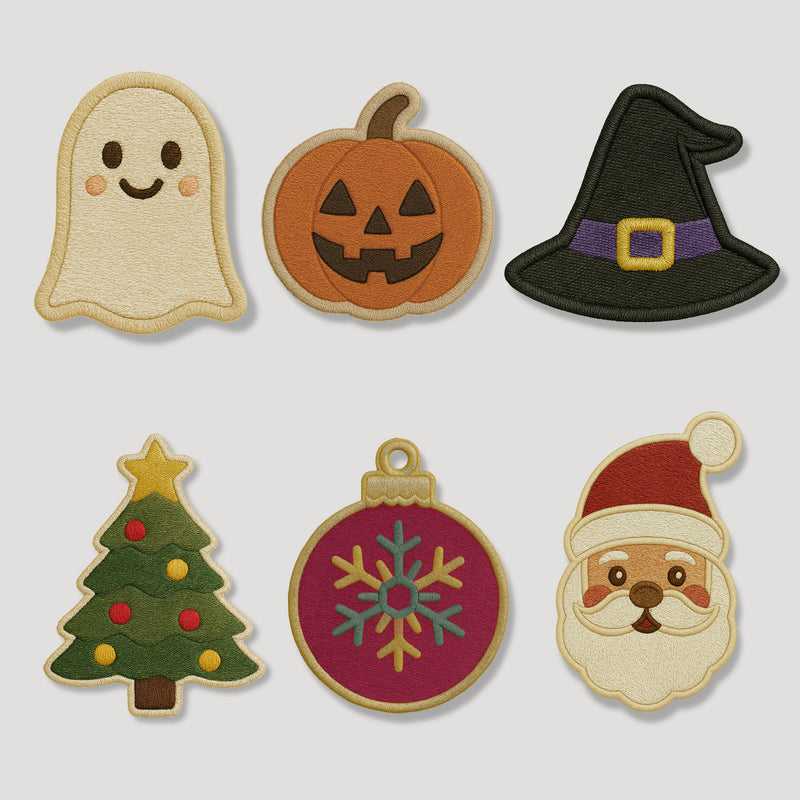 Six embroidered holiday patches featuring Halloween and Christmas designs