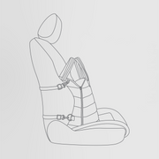 Line drawing of a car seat showing how the Nooee Pet Lola Car Seat is secured with adjustable top and bottom straps, attached to the seat back and base for safe travel.