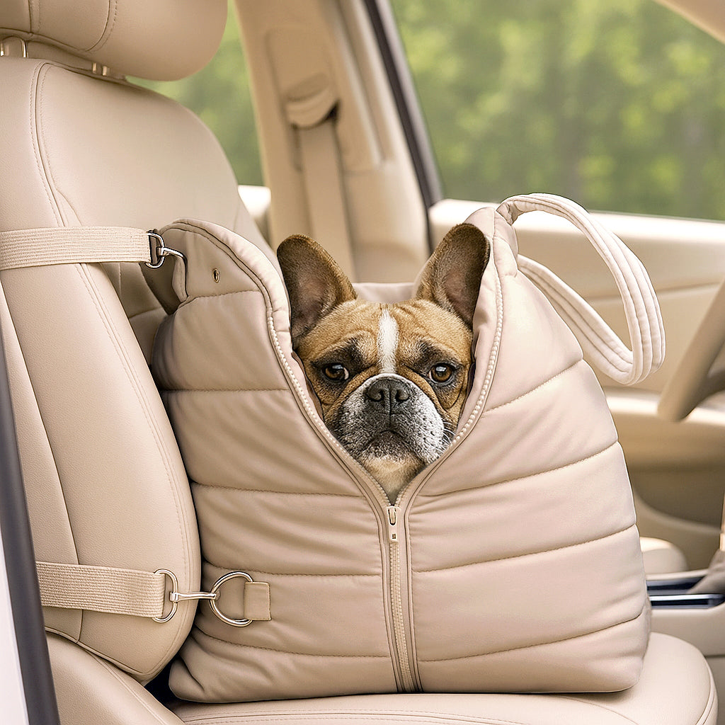 French Bulldog sitting inside the Nooee Pet Lola carrier, safely secured in a beige car seat with natural light coming through the window.