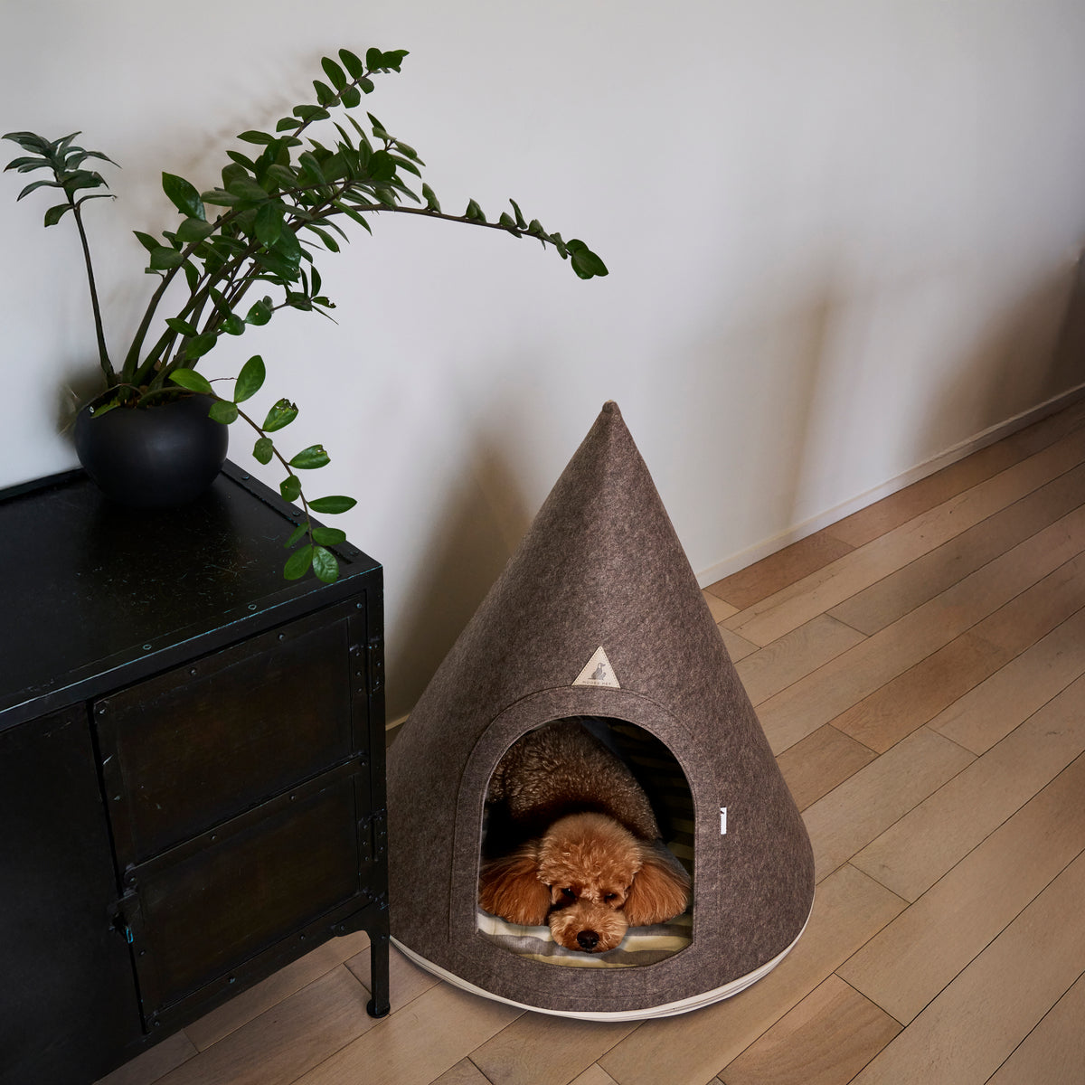 Brown Nooee Pet felt cave with a small poodle resting inside in a modern home

