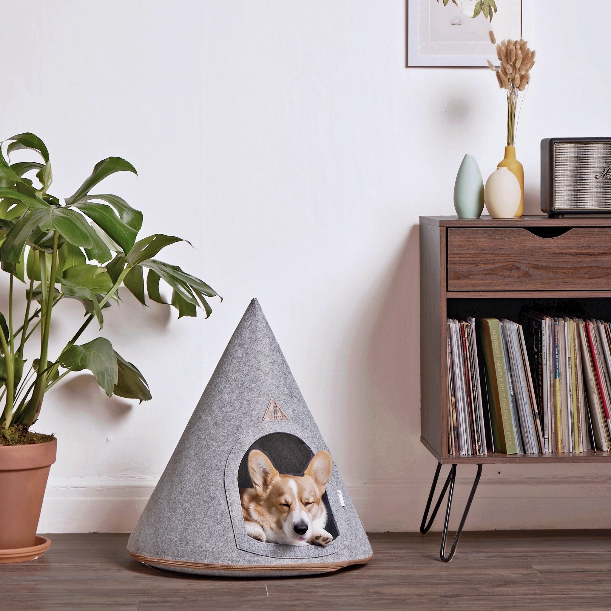 Nooee Pet Cave Lucy (M) Gray in a cozy home setting with a small dog resting inside, demonstrating its inviting design