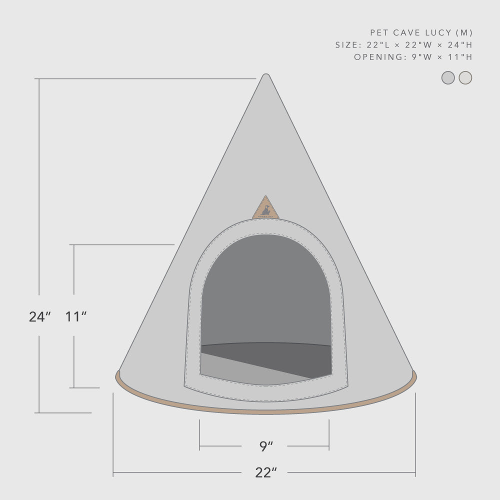 Illustrated size guide for Nooee Pet Cave Lucy (M) Gray, detailing dimensions and entrance size for reference