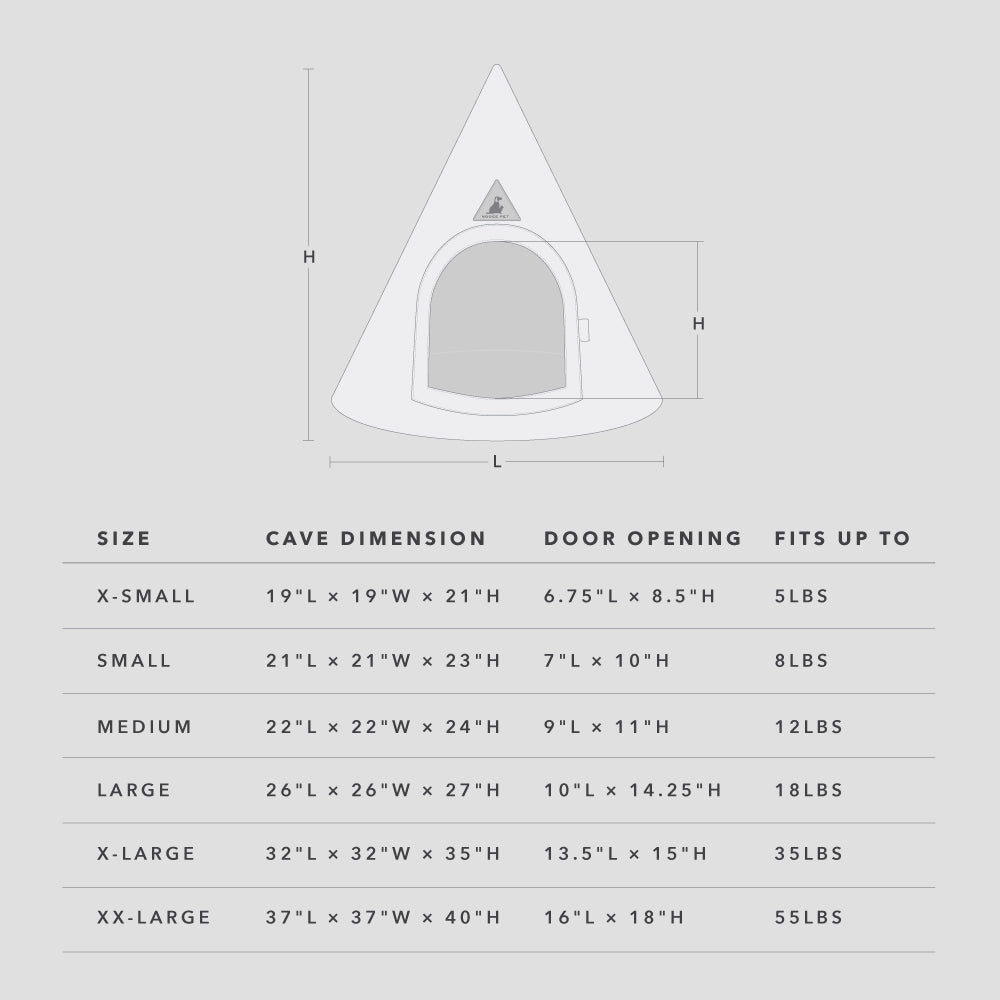 Nooee Pet felt pet cave size guide with dimensions, door opening measurements, and recommended pet weights
