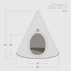 Size diagram of Nooee Pet Cave Buddy (L) in cream color. Dimensions: 26 inches in length, 26 inches in width, and 27 inches in height. Entrance opening measures 10 inches wide by 14 inches high. Features a conical design with a soft, cozy interior.
