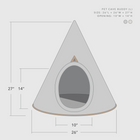 Diagram of the Nooee Pet Cave Buddy (L) in gray, showing dimensions of 26 inches in length, 26 inches in width, and 27 inches in height. The pet cave has an arched entrance measuring 10 inches wide by 14 inches high, featuring a conical shape with a minimalist design.