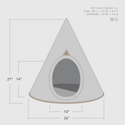 Diagram of the Nooee Pet Cave Buddy (L) in gray, showing dimensions of 26 inches in length, 26 inches in width, and 27 inches in height. The pet cave has an arched entrance measuring 10 inches wide by 14 inches high, featuring a conical shape with a minimalist design.
