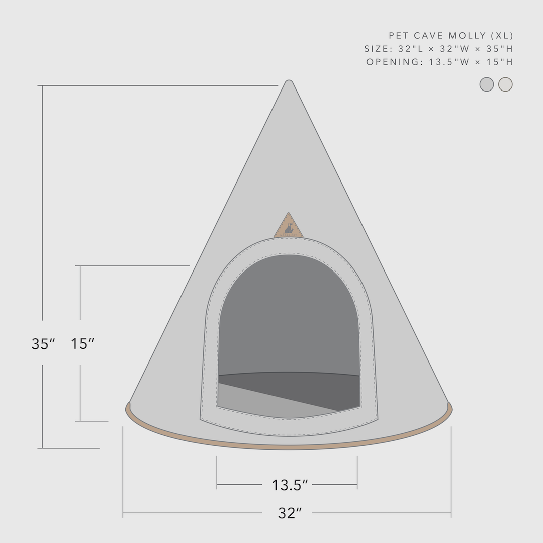 Dimension chart for Nooee Pet Molly Cave (XL), showcasing width, height, and door opening measurements.