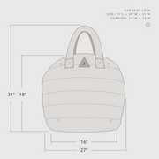 Illustration of Nooee Pet Lola Car Seat with measurements labeled: 27" L x 28" W x 31" H; cushion size is 15" W x 16" H. Shows dimensions and proportions of the car seat in a front-facing view.