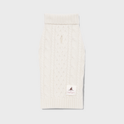 Front view of Nooee Pet Off White Wool Cable Sweater featuring a classic cable knit pattern, ribbed trim, and a collar/harness hole near the neckline.