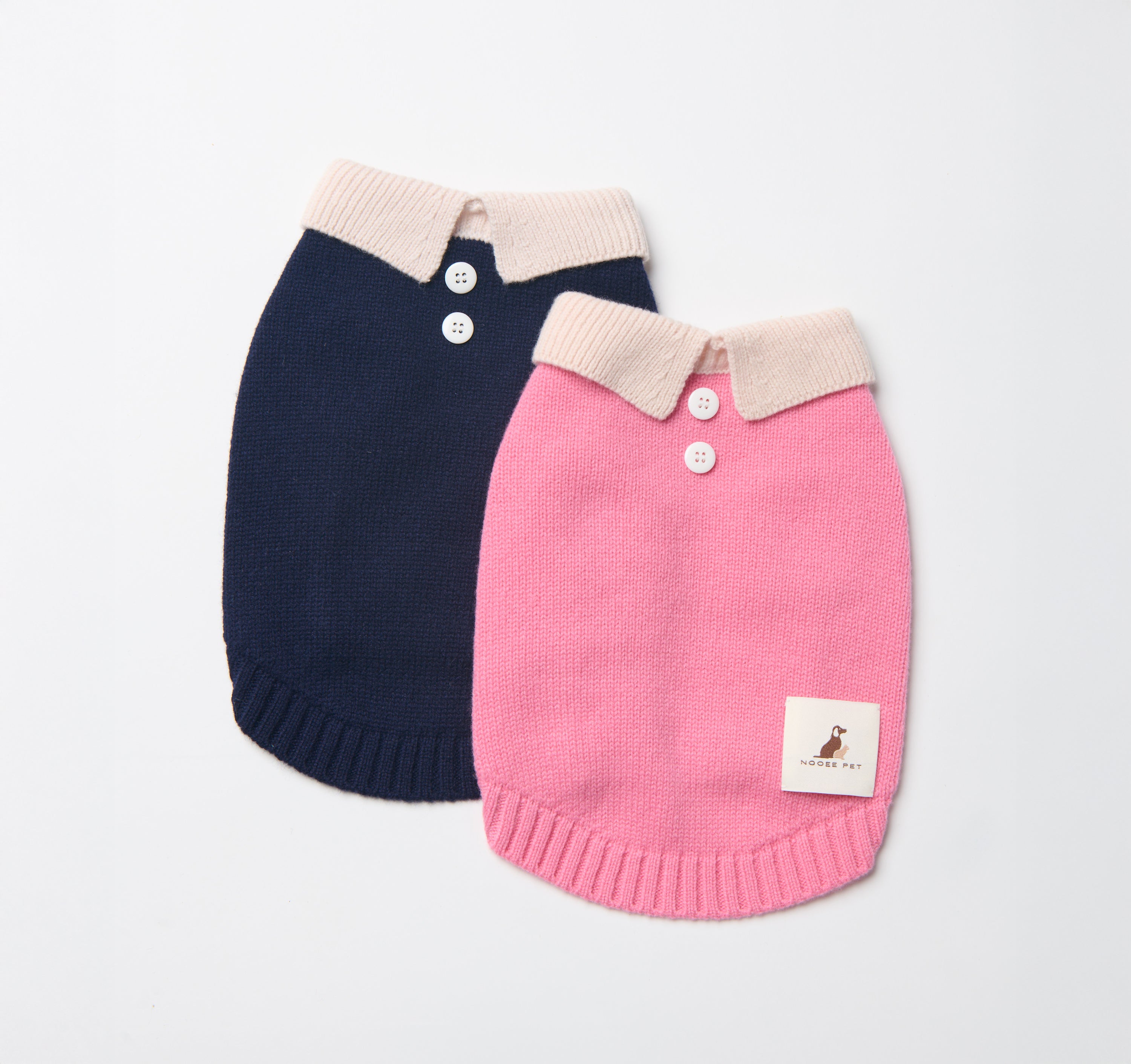 New Nooee Pet Polo Sweaters in Navy and Pink – Soft 100% Wool Knit with Cream Collars and Button Detail.