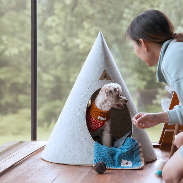 Toby Cream Pet Cave with small dog inside and owner interacting beside the cave
