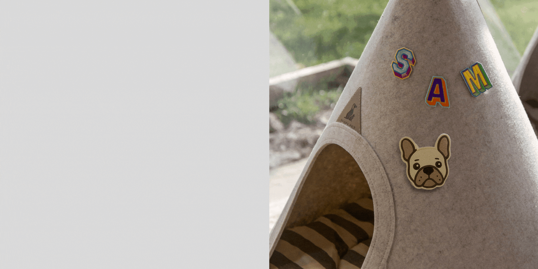 Set of nine self-adhesive Nooee Pet dog breed face patches displayed beside a personalized felt pet teepee with the name "SAM" and a French Bulldog patch.