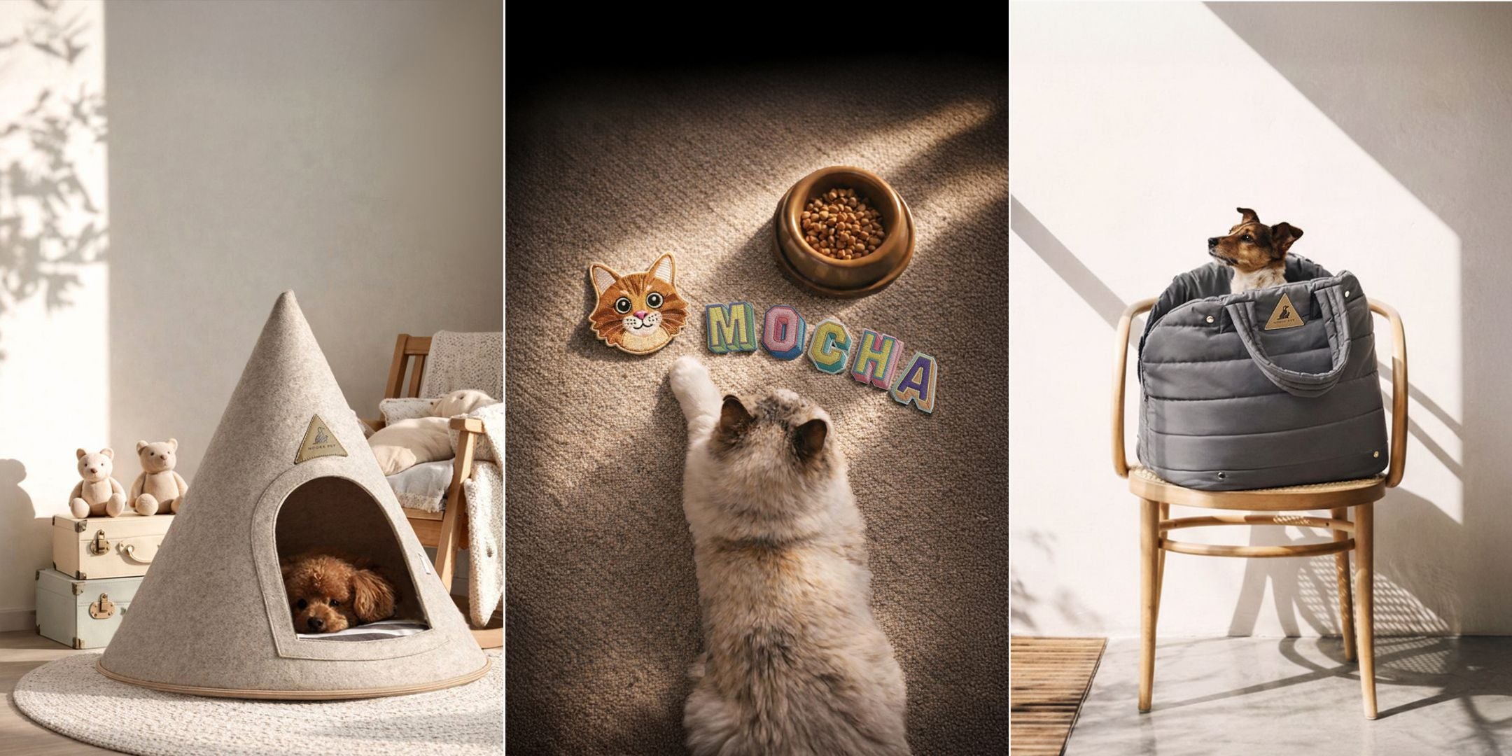 Minimal pet lifestyle scene featuring a cozy felt dog cave, a calm cat resting near a food bowl and name patches, and a quilted pet carrier displayed in soft natural light.