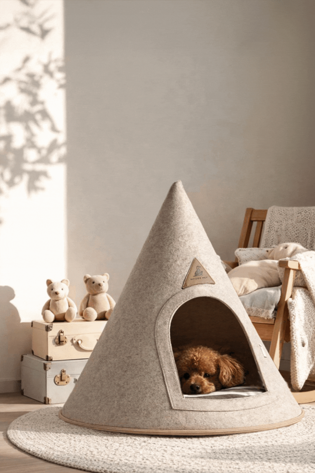 Calm pet home moments showing a dog resting in a felt teepee bed and a cat relaxing near its name patches in warm natural light.
