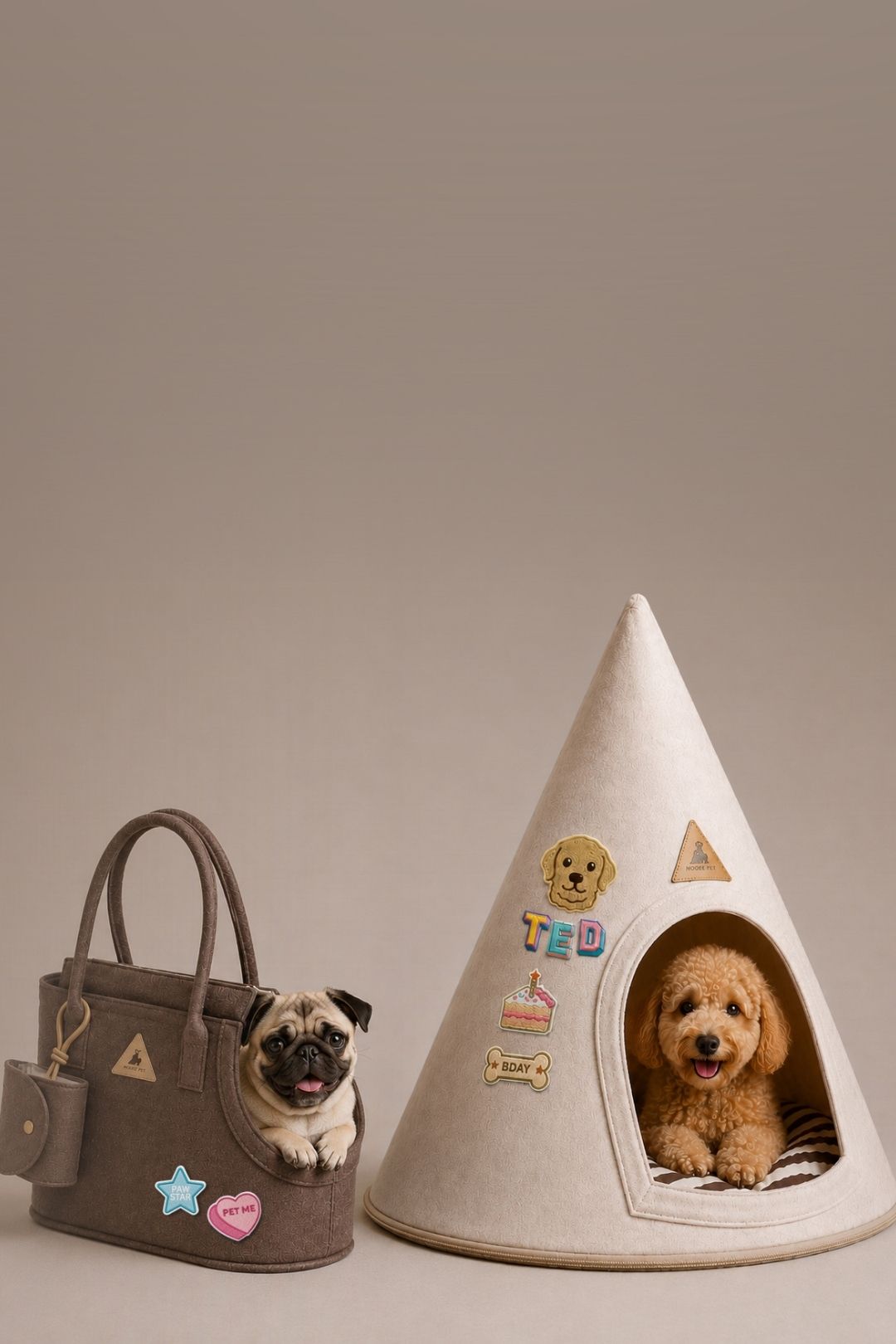 Cream felt pet cave and brown pet carrier decorated with personalized embroidered patches, featuring a dog relaxing inside the cave.