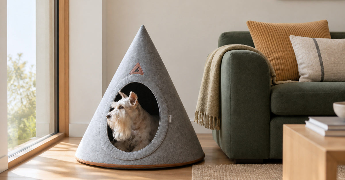 Gray felt pet cave with a small white dog inside, styled beside an olive green sofa in a warm modern living room.