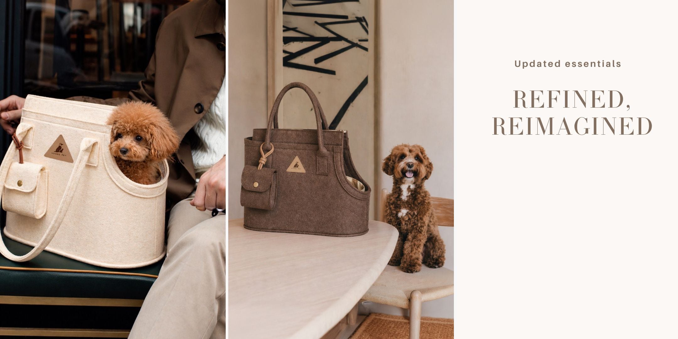 Cream and brown Nooee Pet Ash bags with dogs, showing updated structured design and larger pouch