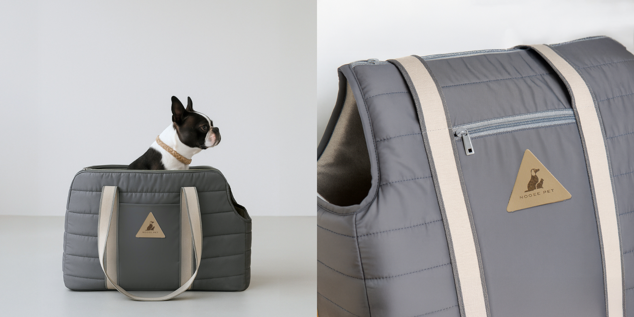 Boston Terrier sitting in the Nooee Pet Finn Carrier in gray with cream straps, styled in a clean modern setting. Product close-up on the right shows logo detail and texture.