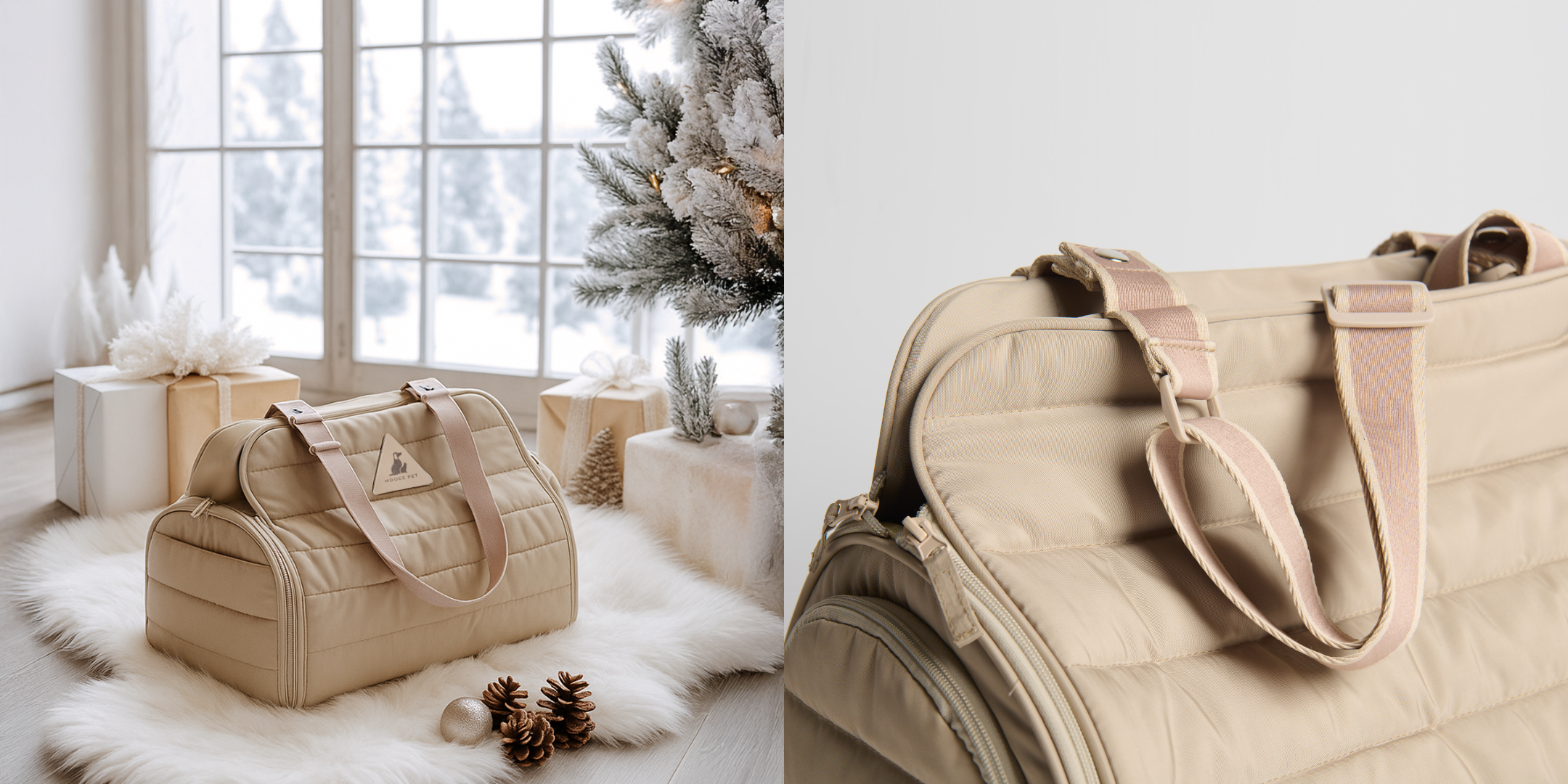 The Nooee Pet Olive Carrier displayed in a cozy winter holiday setting with wrapped gifts and a snowy window backdrop, alongside a close-up detail of the carrier’s cream nylon texture and soft pink handles. Text overlay reads “Meet Olive Carrier – Travel-ready & Perfect Holiday Gifting.”