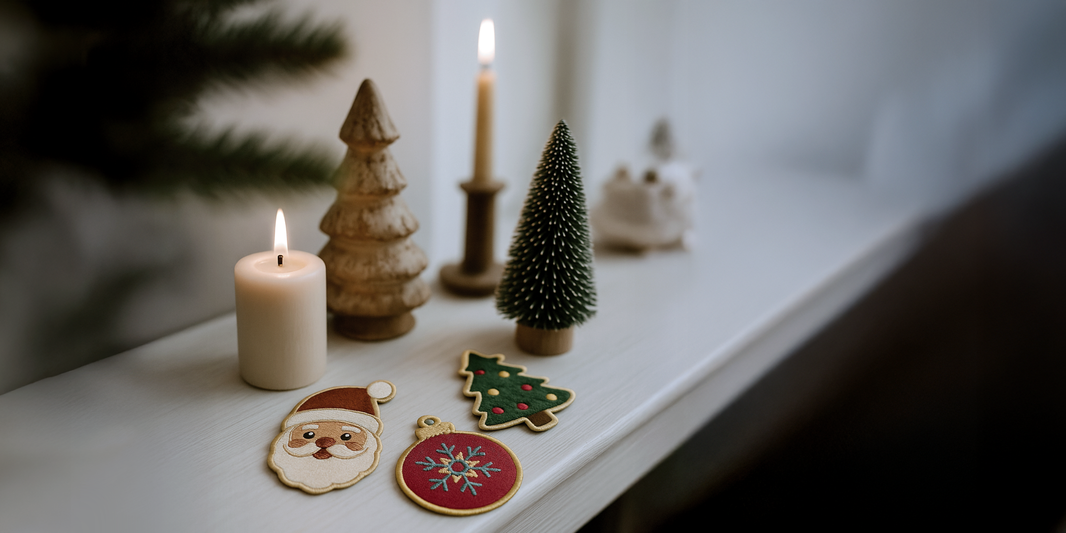 Holiday-themed pet patches styled with candles and mini trees on a winter mantel — Nooee Pet festive patch collection.