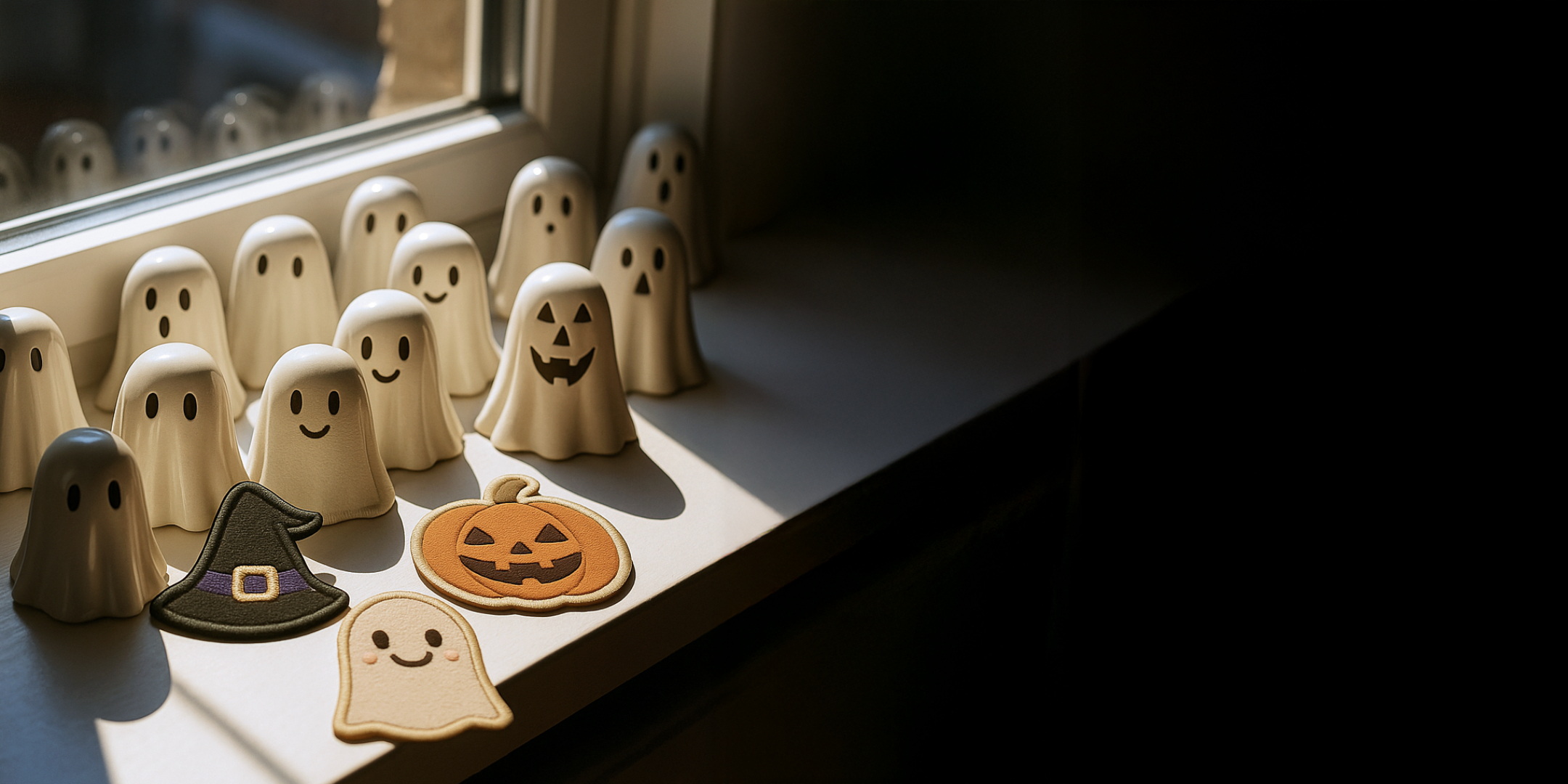 Minimal Halloween scene with smiling ceramic ghosts and Nooee Pet Halloween patches — ghost, pumpkin, and witch hat — displayed by a sunny window.