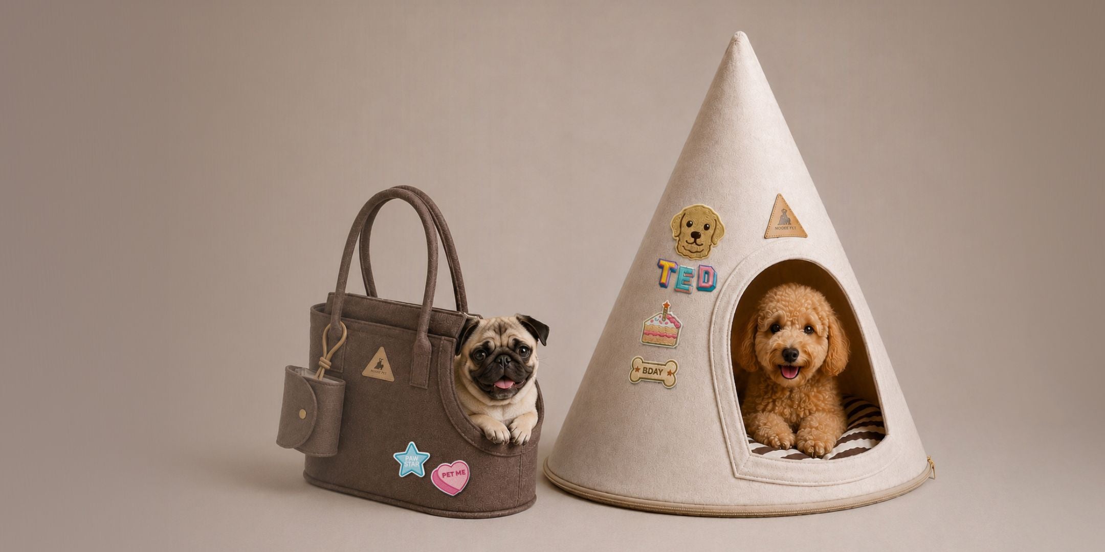 Cream felt pet cave and brown pet carrier decorated with personalized embroidered patches, featuring a dog relaxing inside the cave.