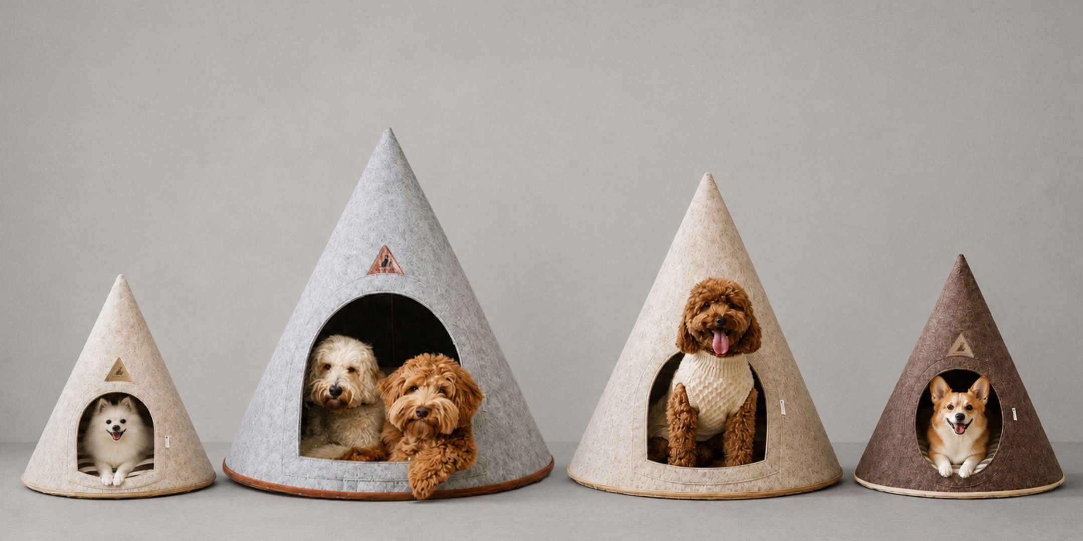 Nooee Pet felt pet caves in gray, cream, and brown displayed in multiple sizes with dogs inside, showcasing the collection’s range of colors and sizing options.