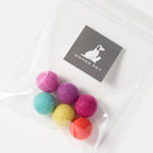 Set of six colorful wool pet toy balls, Bright Set, packaged in a clear bag with Nooee Pet tag.