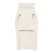 Back view of the Nooee Pet Off White Wool Cable Sweater showing armholes, turtleneck, and intricate cable-knit pattern.